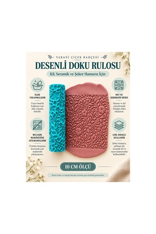 Yabani Çiçek Bahçesi Desenli Doku Rulosu 10 Cm Kil, Seramik Ve Şeker Hamuru Merdanesi
