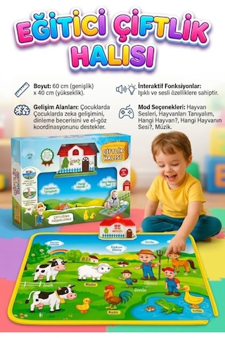 Eğitici Çiftlik Halısı - Sesli ve Işıklı Dokunmatik Bebek Aktivite Oyun Matı 48x60 CM