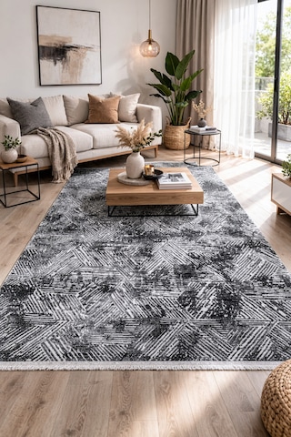 Modena İskandinav Yıkanabilir Şönil Kilim Saçaklı, Kaymaz Tabanlı Koridor Salon Oturma Çocuk Odası Halısı Antrasit