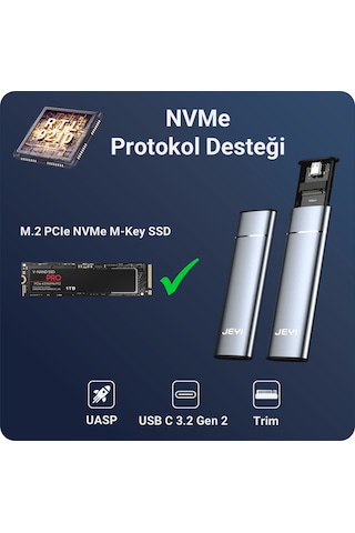 JEYI PureLine M.2 NVMe Harici SSD Kutusu - USB 3.2 Gen 2 10GBPS - 2280/2260/2242/2230 Destekli