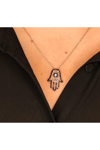 Oriental Kuyumculuk Jewellery Firuze Taşlı Fatma'nın Eli Gümüş Kolye Gümüş