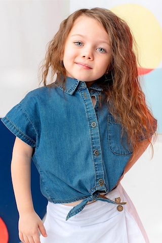 Kız Çocuk Denim Kısa Gömlek - İndigo İndigo