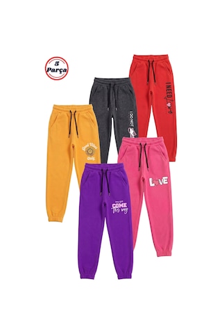Fyk Kids 5'li Baskı Detaylı Paçası Lastikli Jogger Kız Çocuk Eşofman Altı Kırmızı - Füme - Sarı - Fuşya - Mor
