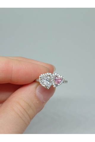 925 Ayar Gümüş Çift Kalpli Pembe Ve Beyaz Taşlı Yüzük Romantik Ve Zarif Tasarım Gümüş