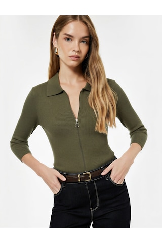Koton Fermuarlı Slim Fit Gömlek Yaka Kaşkorse Uzun Kollu Tişört Haki 6wal10120ık Haki