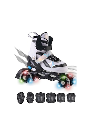 Melek Kanatlı Işıklı Çocuk Pateni Ve Dizlik Seti Silikon Teker Ayarlanabilir Paten Çantalı Siyah Siyah