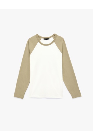 Koton Regular Fit Pamuklu Bisiklet Yaka Renk Kontrastlı Reglan Uzun Kollu Tişört Haki 6sam10350mk