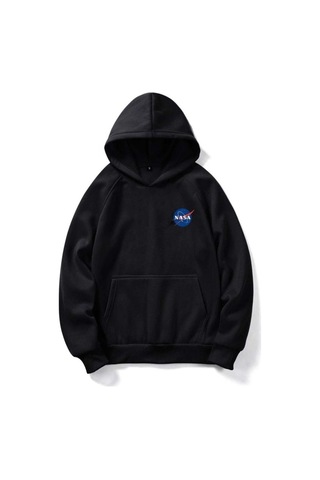 Nasa Logo Sweatshirt - Siyah Baskılı Oversize Kışlık Kalın Kapüşonlu Siyah