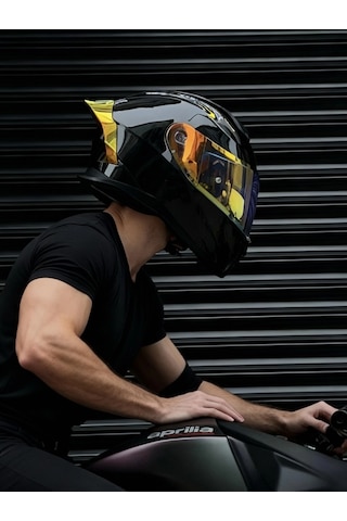 R1 Parlak Siyah Revo Gold Vizörlü Kapalı Kask Güneş Vizörlü