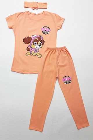 Kız Çocuk Taytlı Takım Saç Bandı Hediyeli Baskılı C64 Somon