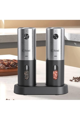 Kiwi Kspg-4852 Şarjlı Paslanmaz Çelik Tuz Karabiber Değirmeni Otomatik Baharat Öğütücü 2li Paket Gri - Siyah