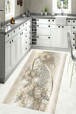 Makinede Yıkanabilir Leke Tutmaz Dijital Baskı Pvc Kaymaz Çiçek Desenli Mutfak Halısı Çok Renkli