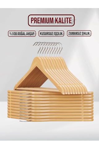 Ahşap Elbise Askısı Ve Pantolon Askısı 10'lu Set Doğal Renk Tam Vernikli