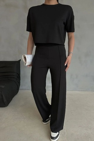 Modal Kumaş Yüksek Bel Pantolon Crop & Pantolon Takım Siyah