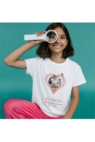 Alpşan Ticaret 23 Nisan Tişört 23 Nisan T-shirt Beyaz Çocuk Yetişkin Tişört Unisex T-shirt Çocuk Bayramı 55 Beyaz