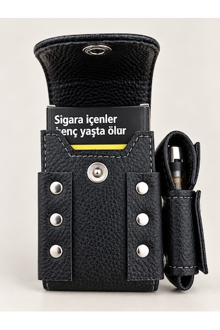 Siyah Pu Deri Çakmaklı Sigara Paketi Kılıfı