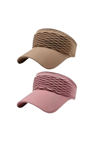 Uniquetrenders Kadın Örgü Dokulu Uv Korumalı Yazlık Vizör Şapka 2'li Set Camel - Pudra