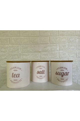 3'lü Vakumlu Kapaklı Porselen 1000 Ml Tea/salt/sugar Çay Tuz Şeker Kavanoz Seti