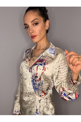 Ali Butik Desenli Kruvaze Bağlamalı Saten Gömlek Beyaz