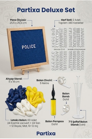 Polis Temalı Doğum Günü Süsleme Deluxe Set Koyu Mavi Keçe Yazı Panosu Standlı Balon Zincirli 7li Şeffaf Balon Standlı Set Çocuk