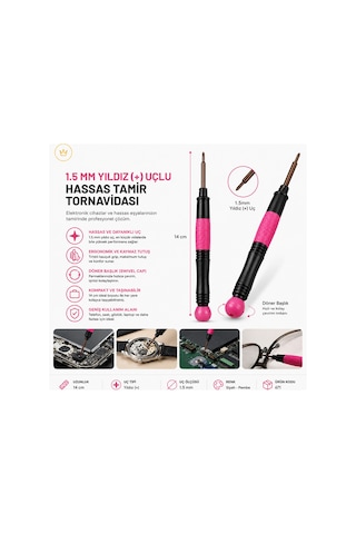 Profesyonel Hassas Cep Telefonu Tamir Tornavidası 1.5 Mm Yıldız + Uçlu 14 Cm No.671 Pembe Siyah