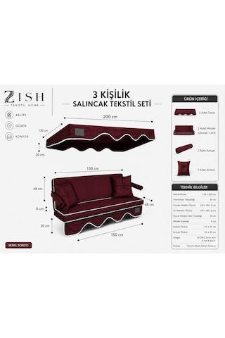 Altaleno 3 Kişilik 150 48 Cm Süngerli Bahçe Balkon Salıncak Minderi Yıkanabilir Kılıflı, Tenteli Keten Kumaş Tekstil Seti 24 Dns 8 Cm Orta Sert Sünger Bordo