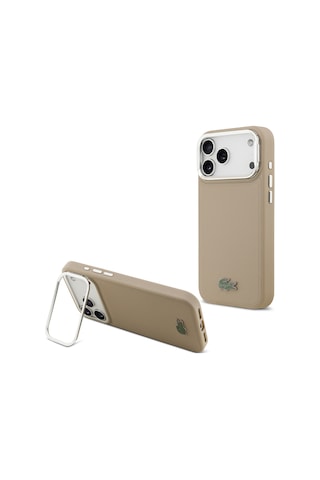 Apple Uyumlu iPhone 17 Pro Max Kılıf Lacoste Lisanslı M-safeli Pu Pike Desenli Standlı Metal Logolu Kapak Bej Bej