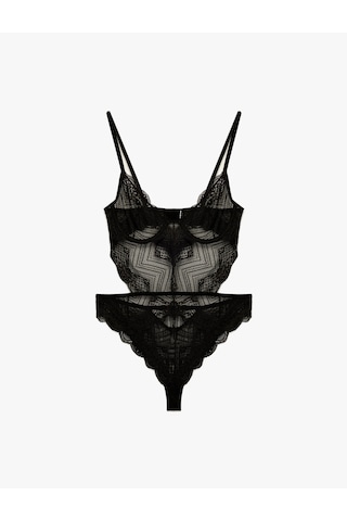 Koton V Yaka Askılı Dantelli Bodysuit Siyah 6wlk00005mk Siyah