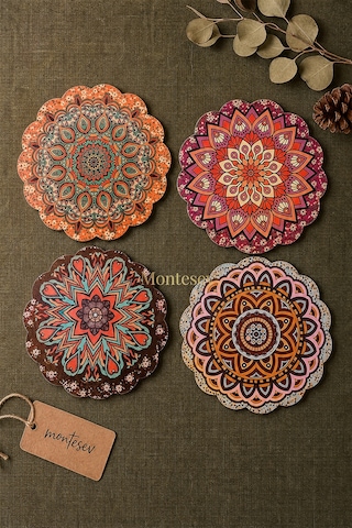 Renkli Desenli Nihale Ahşap Çaydanlık Tencere Tava Altlığ 4lü Set