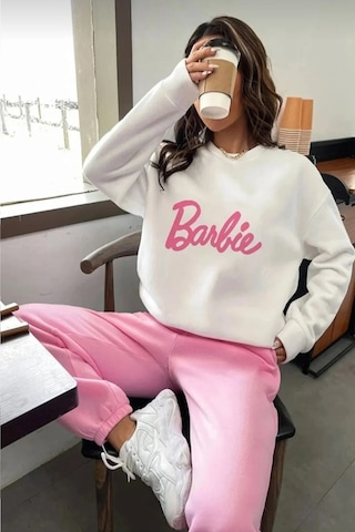 Modagen 3 Iplik Barbie Baskılı Oversize Bisiklet Yaka Sweatshirt Beyaz