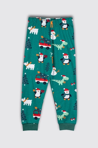 Bunny Hopp Yılbaşı Temalı Pamuk Unisex Çocuk Bisiklet Yaka Kırmızı Pijama Takımı Yeşil
