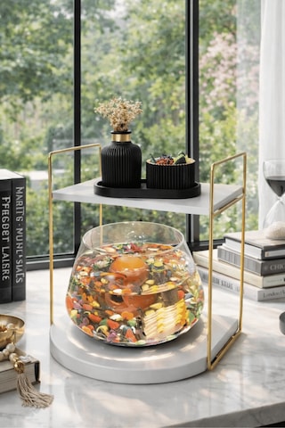 Reyo Ok-ay Store Düz Raflı Işıklı Lüks Cam Fanus İçinde Beta Balığı İçin Özel Tasarım Masa Üstü Dekoratif Akvaryum Gold-beyaz