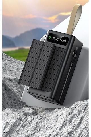 Solar 50.000 Mah Güneş Enerjili Led Işıklı Powerbank Şarj Aleti 4xusb Çıkış Çoklu Şarj Çıkışı Kablo Siyah