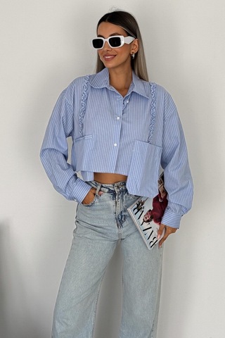 Femelle Mavi Tasarım Çizgili Crop Gömlek