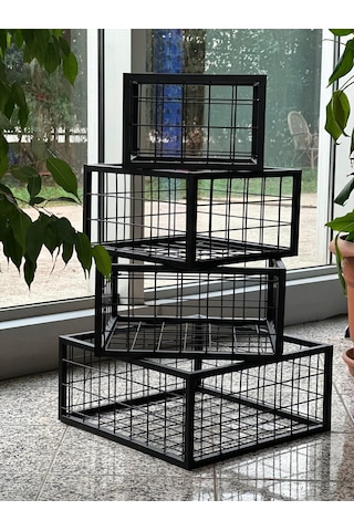 Metal Tel Kasa Sepet - 4'lü Set - Dekoratif, Taşınabilir Ürün Kasası, Sele Sepet 30-35-40-45 Cm H:20 Cm Siyah