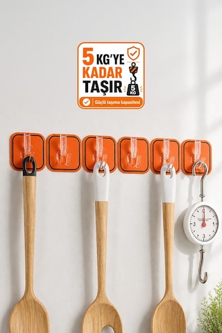 6'lı Turuncu Yapışkanlı Organizer Askı Mutfak Banyo Duvar Askılık Düzenleyici 35 cm