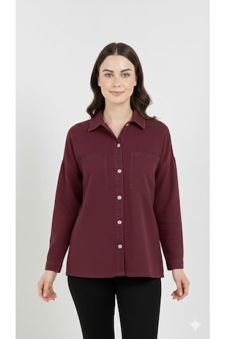 Kadın Kot Rahat Kesim Cepli Düz Denim Gömlek Bordo