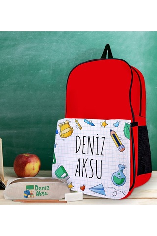 Bk Gift Kişiye Özel İsimli Kırmızı Okul Çantası Ve Kalemlik Hediye Seti-1
