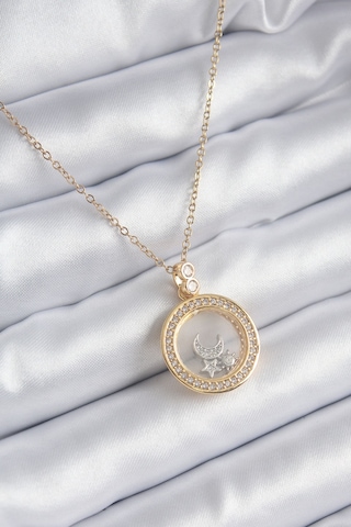 316l Çelik Gold Renk Zirkon Taş Detay Ay Yıldız Fanus Model Kadın Kolye 5886 Altın