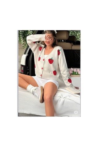 Flex Fashıon Kadın Trend Çilek Detaylı Popüler Yumoş Triko Hırka Taş Taş - 731489809 Taş - 731489809 Taş