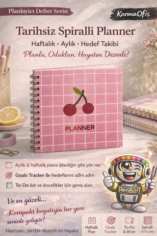 Pembe Kareli Kiraz Desenli Spiralli Tarihsiz Planner Haftalık & Aylık Planlayıcı Defter, 17.5x18 Cm Diğer