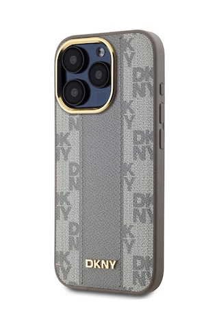 Apple Uyumlu iPhone 15 Pro Kılıf Dkny Lisanslı M-safe Şarj Özellikli 3d Yazılı Checkered Pattern Kapak Krem