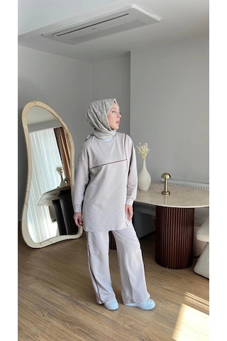 Olivia Kadın Mevsimlik Penye Alt Üst Spor Ve Rahat Tesettür İkili Takım Bej