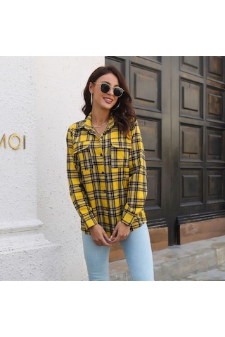 Gmxıa Kadın Modası Günlük Ekose Baskı Uzun Kollu Polo Yaka Bluzlar Ve Gömlekler Sarı