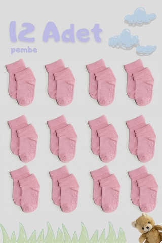 Cnt Erkek / Kız Bebek Kaydırmaz Taban Pamuklu Yumuşak Çorap 12 Li Paket Pembe Pembe