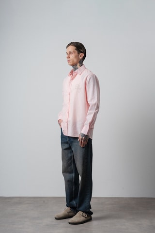 Respire Erkek Res Nakışlı Uzun Kollu Keten Oversize Gömlek Pembe