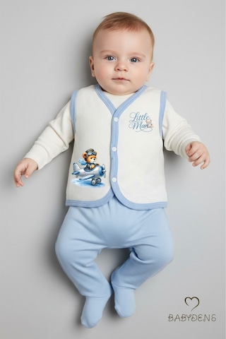 Babyden's Erkek Bebek Yelek Pamuklu Çıtçıtlı Elmas Jakarlı Ayıcık Baskılı Yenidoğan Bebek Yeleği Mevsimlik Ekru - Mavi