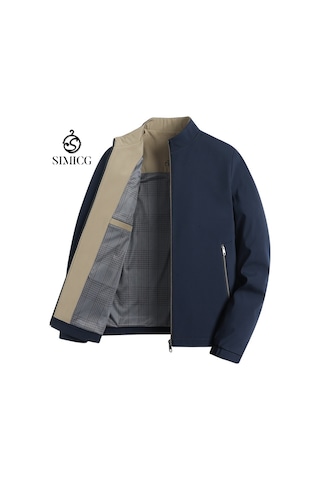 Erkek İlkbahar Ve Sonbahar Dik Yaka Düz Renk İş Günlük Bol Kesim Ceket Mavi