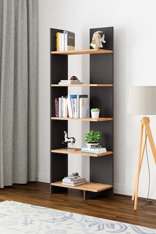 Asimetrik Beş Raflı Kitaplık Antrasit Gri- Atlantik Çam