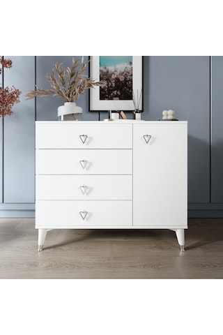 Simple 4 Çekmeceli 1 Kapaklı Modern Şifonyer Beyaz Gümüş Beyaz